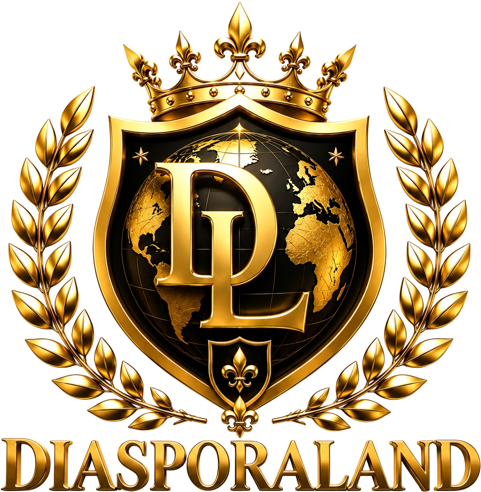 Logo officiel DiasporaLand : bouclier noir et or, couronne royale, globe et lettres DL