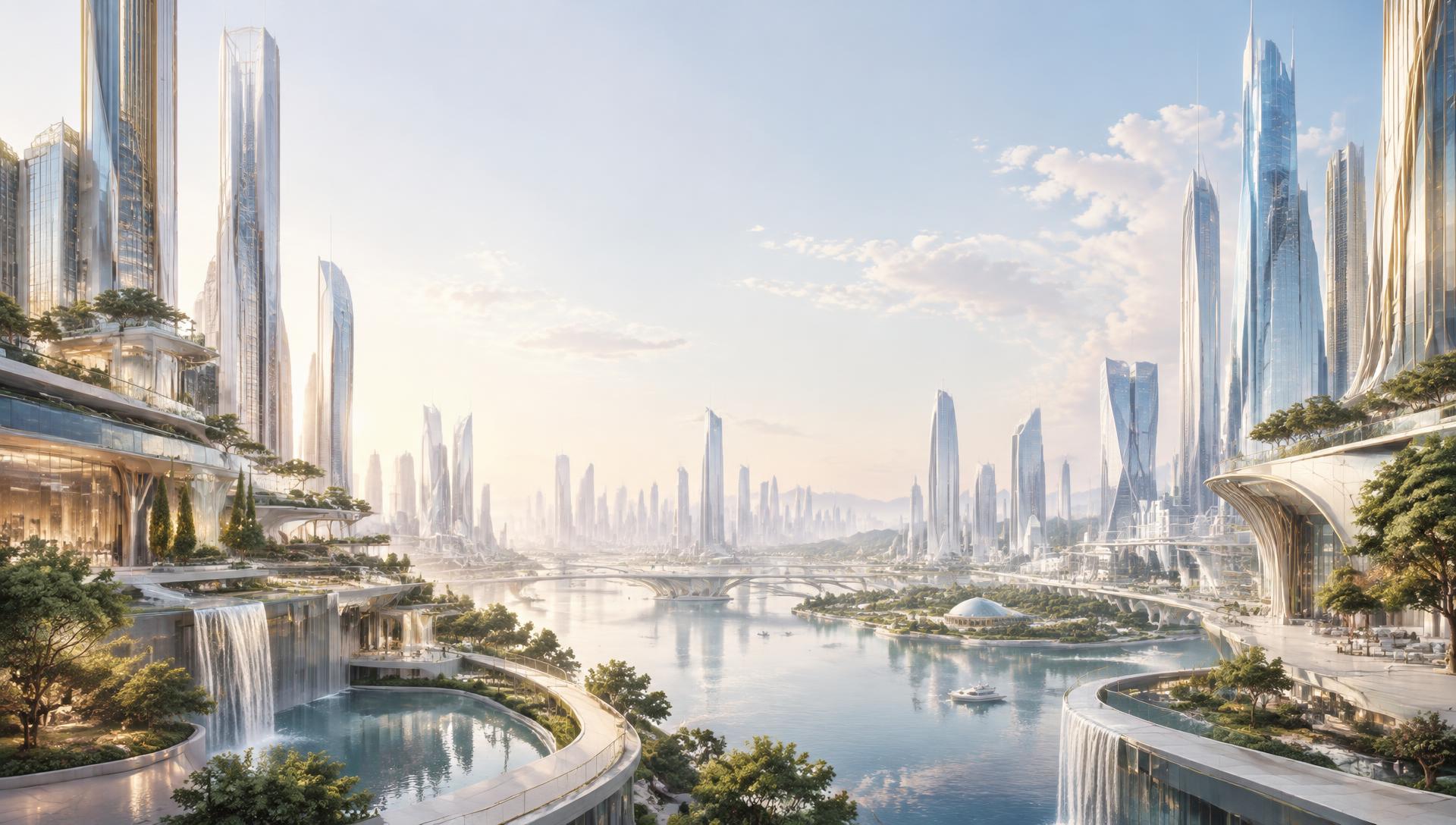 Mégapole internationale lumineuse et futuriste, avec architecture premium, jardins et voies d'eau