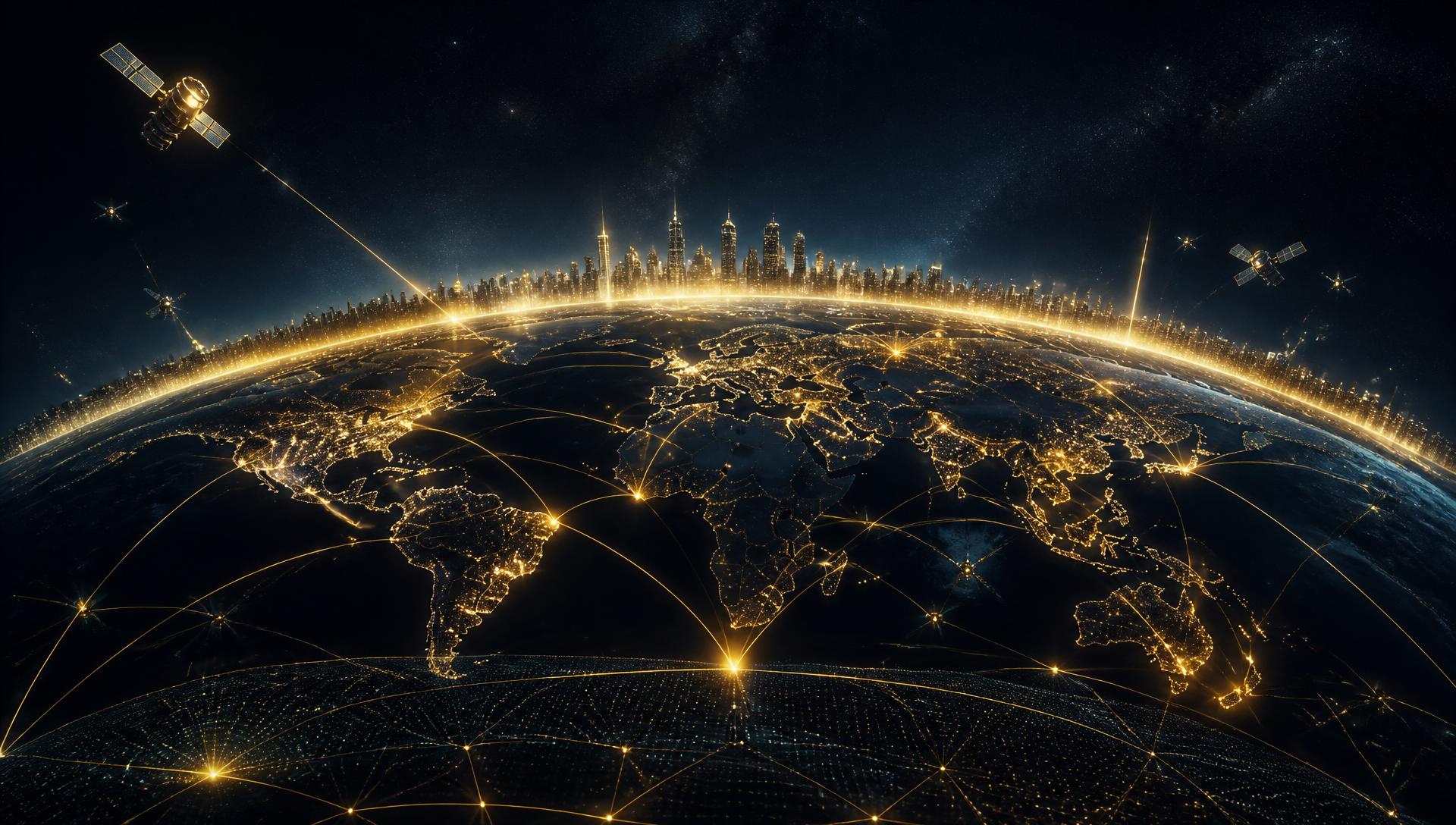La Terre vue depuis l'espace, continents dorés reliés par un réseau numérique mondial, satellites et skyline futuriste internationale