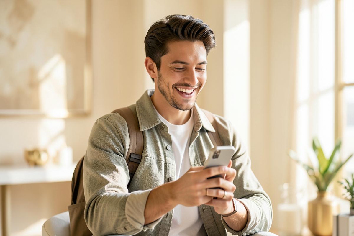 Voyageur international souriant utilisant DiasporaLand sur son téléphone