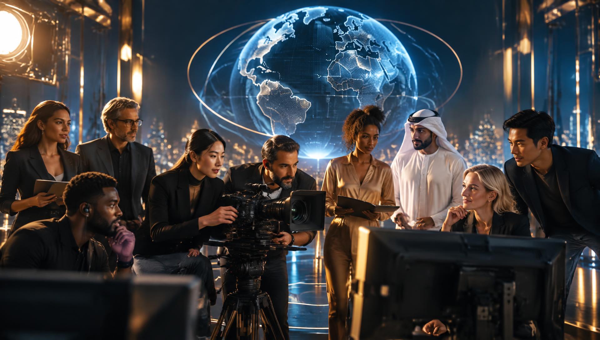 Équipe internationale autour d’une production média et d’un globe lumineux