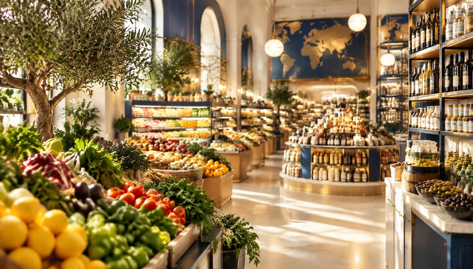 Rayons conceptuels d'une épicerie internationale lumineuse