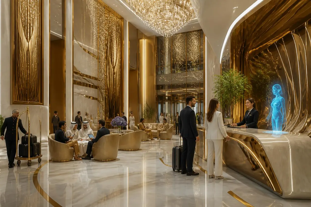 Hall d'hôtel de luxe ivoire et or avec voyageurs internationaux élégants et accueil holographique