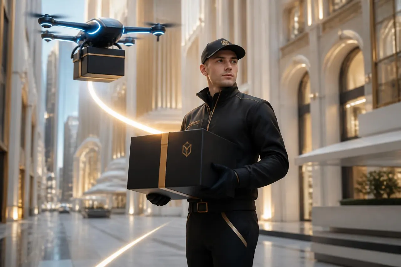 Livreur premium en noir et or avec drone de livraison dans une avenue lumineuse futuriste