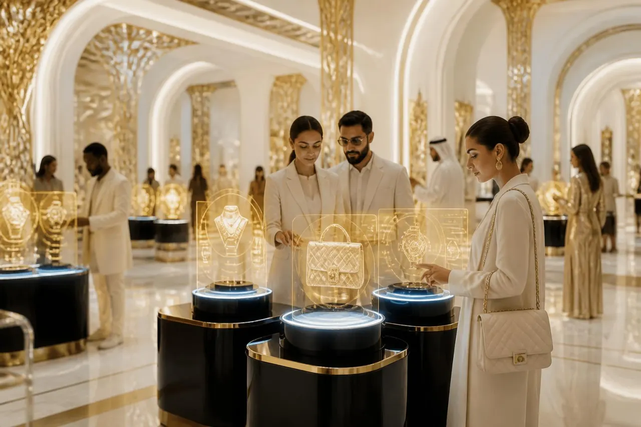 Galerie marketplace futuriste ivoire et or avec vitrines holographiques et acheteurs internationaux