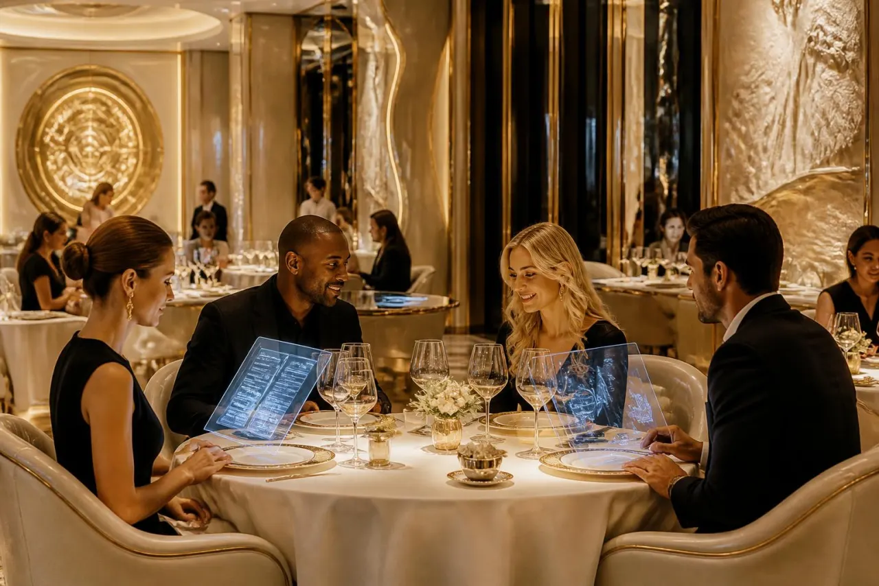 Restaurant gastronomique ivoire et or avec convives internationaux et menus holographiques bleus