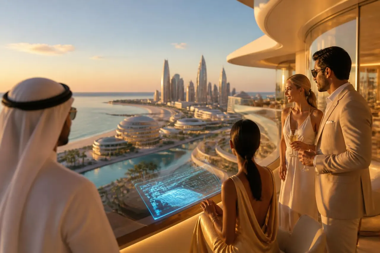 Terrasse panoramique de luxe face à une ville côtière futuriste au coucher du soleil avec voyageurs internationaux