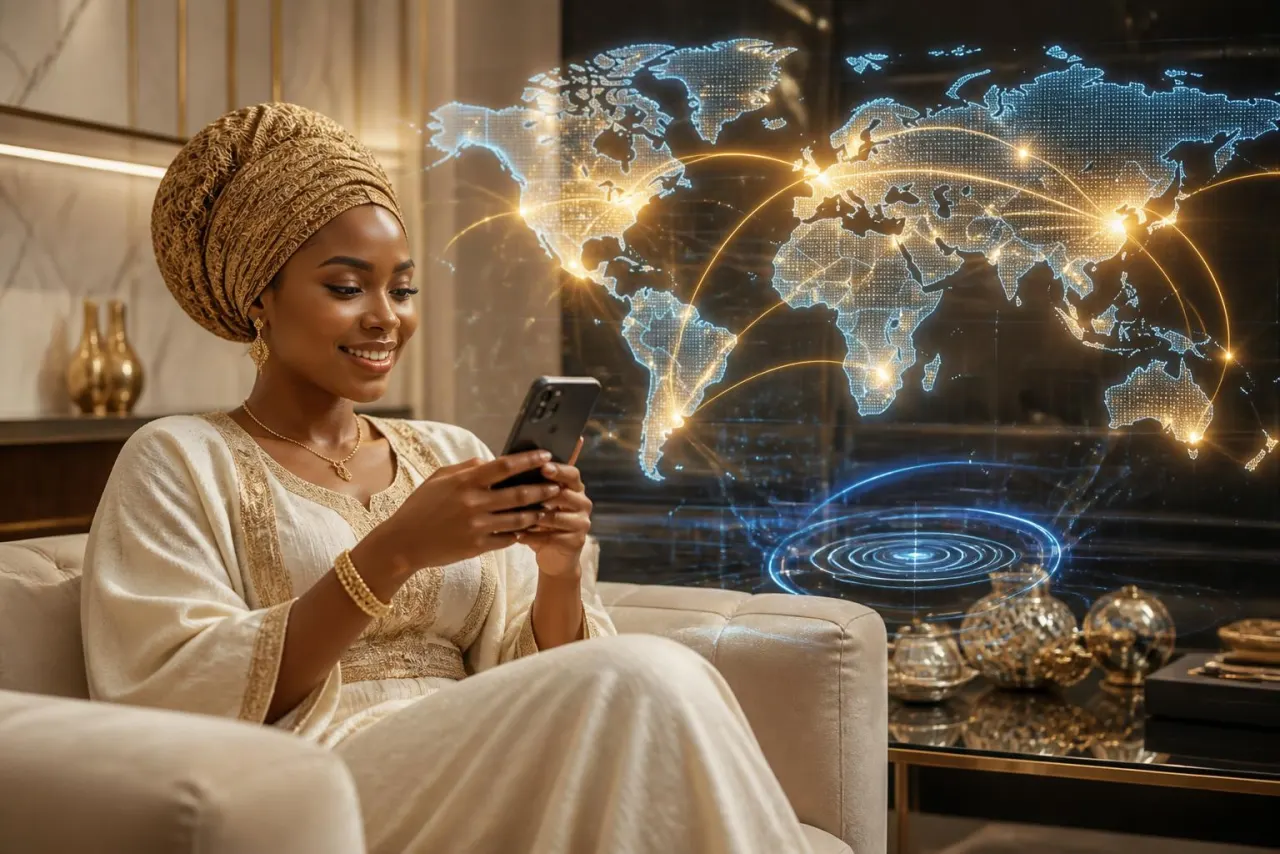 Femme élégante envoyant de l'argent depuis son smartphone devant une carte du monde aux flux dorés