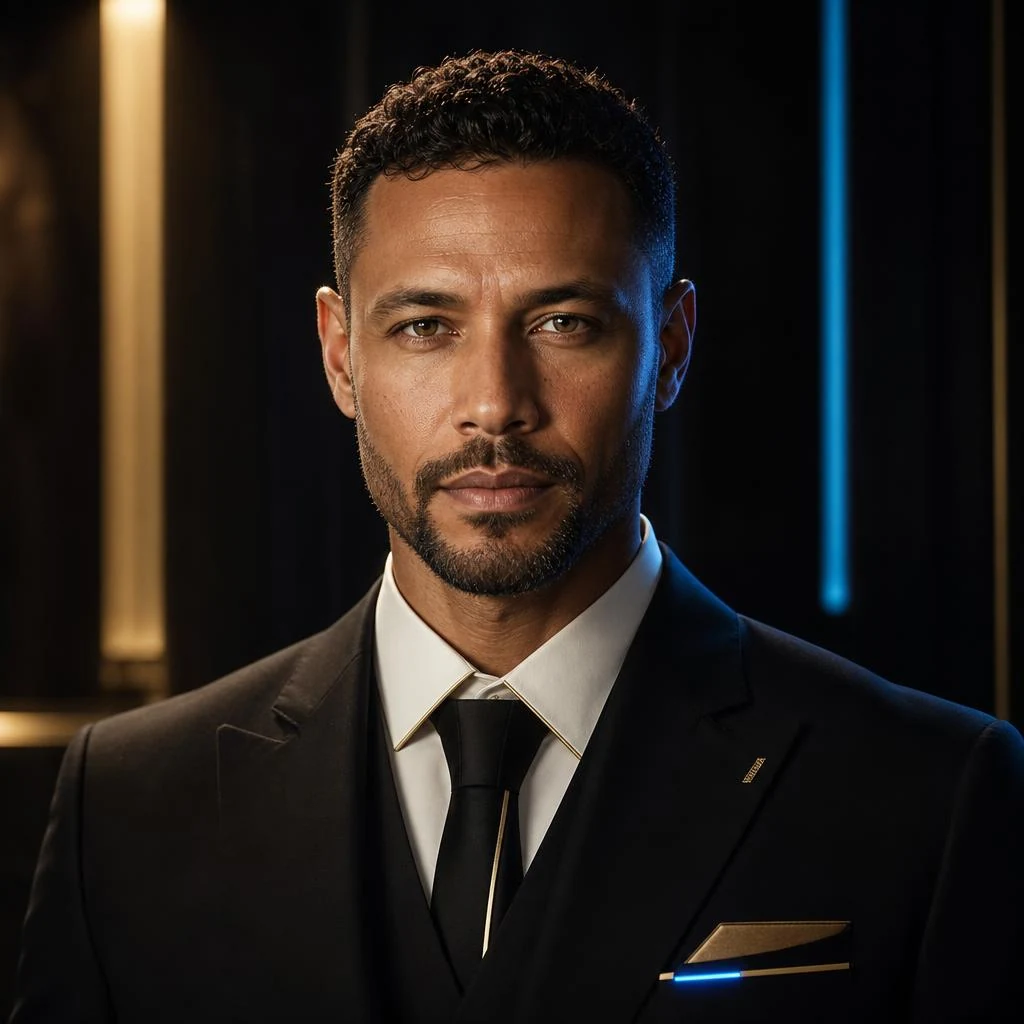 NÉO, intelligence artificielle officielle de DiasporaLand NÉO, ambassadeur numérique et intelligence artificielle officielle de DiasporaLand : portrait photoréaliste d'un homme métis élégant en costume noir premium, détails champagne gold et lumière bleue futuriste